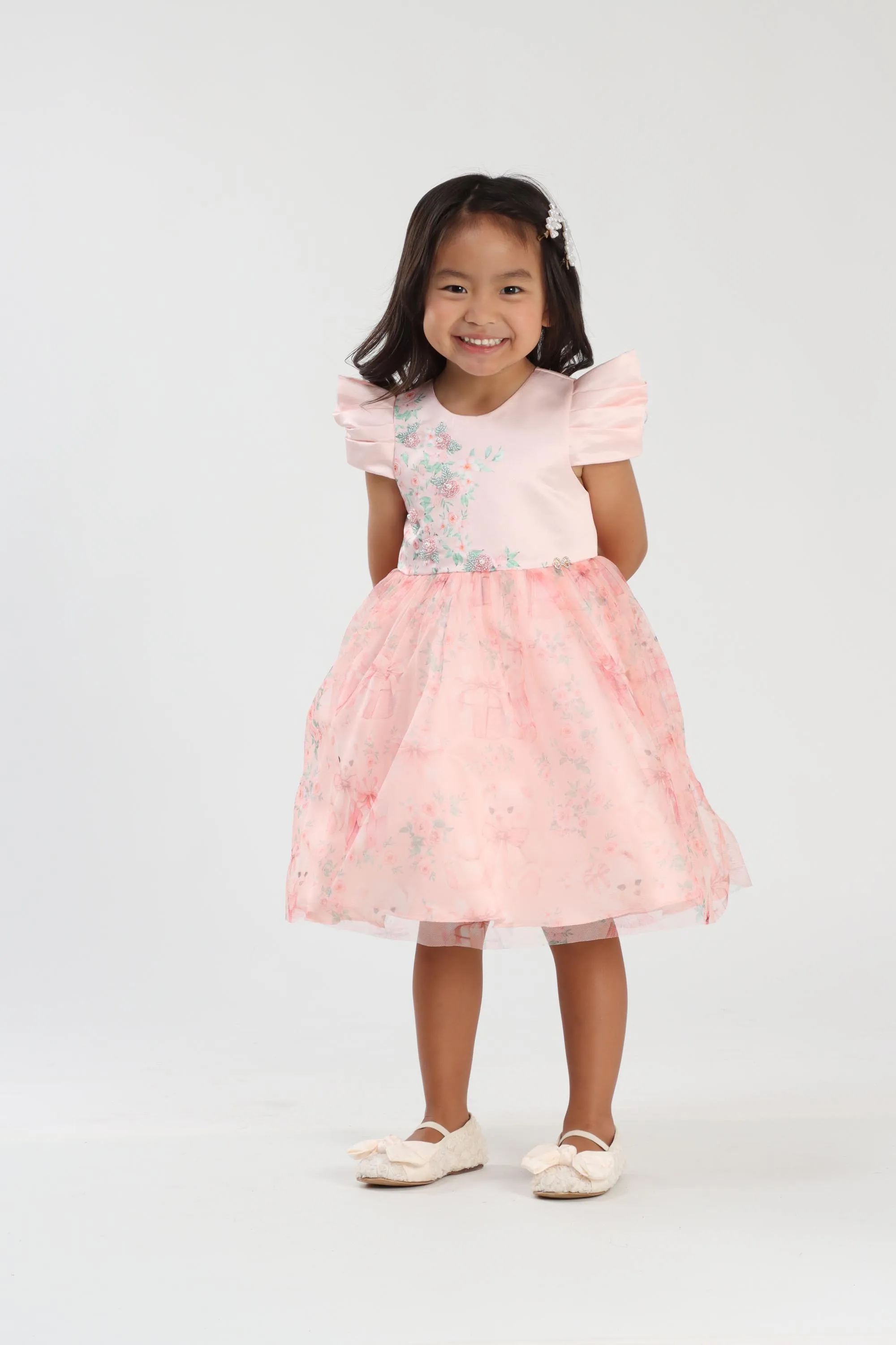 Vestido infantil Luluzinha estampado e bordado rosa